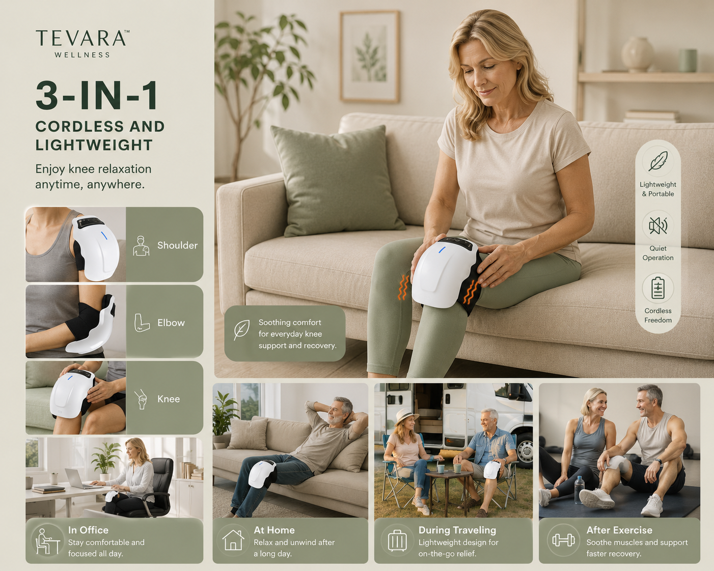 TEVARA™ Knee Relief Massager – Heat, Vibration & Red Light Therapy for Arthritis, Stiffness & Recovery