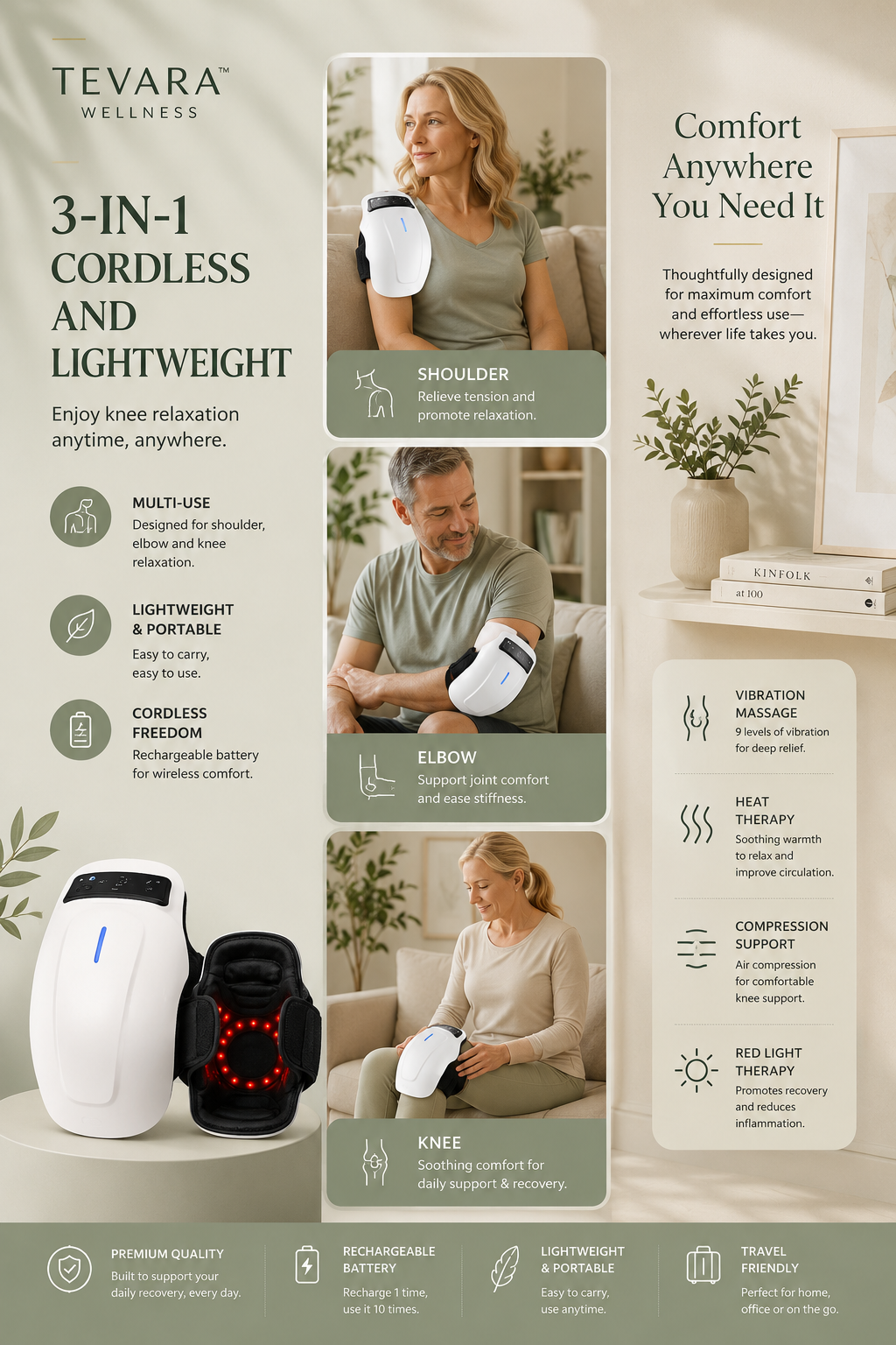 TEVARA™ Knee Relief Massager – Heat, Vibration & Red Light Therapy for Arthritis, Stiffness & Recovery