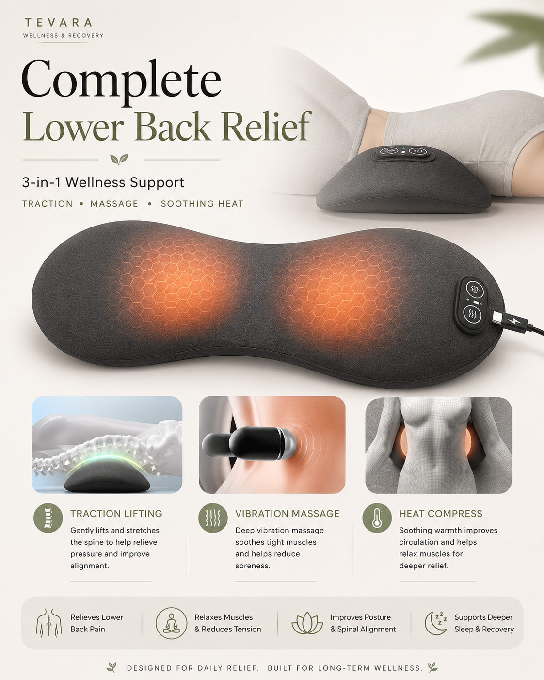 TEVARA™ Lumbar Recovery Pillow | Heated Back Massager & Lower Back Support
