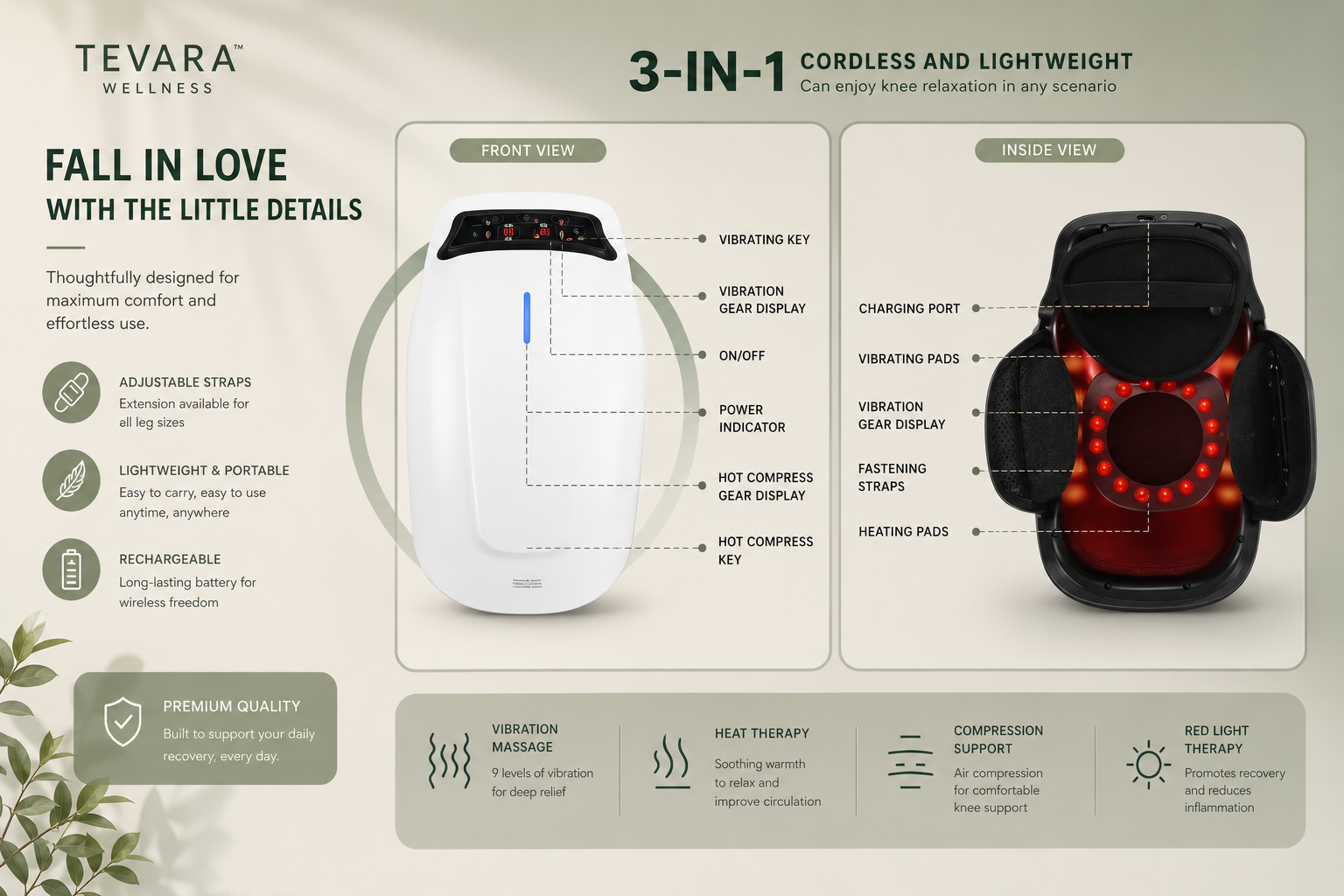 TEVARA™ Knee Relief Massager – Heat, Vibration & Red Light Therapy for Arthritis, Stiffness & Recovery