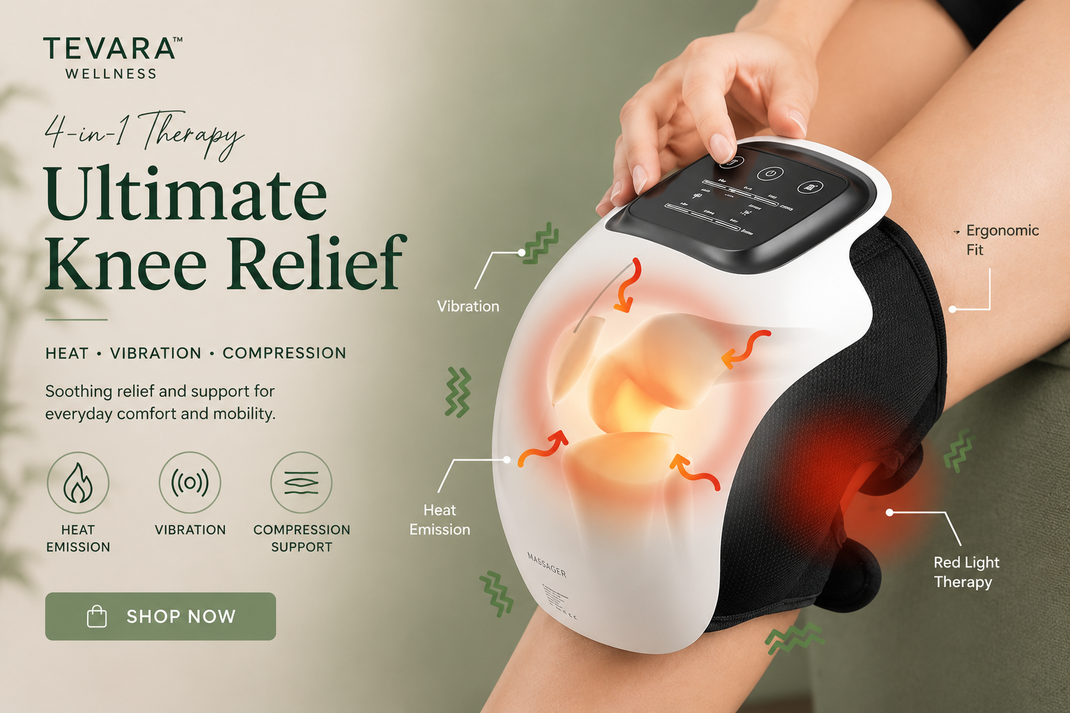 TEVARA™ Knee Relief Massager – Heat, Vibration & Red Light Therapy for Arthritis, Stiffness & Recovery