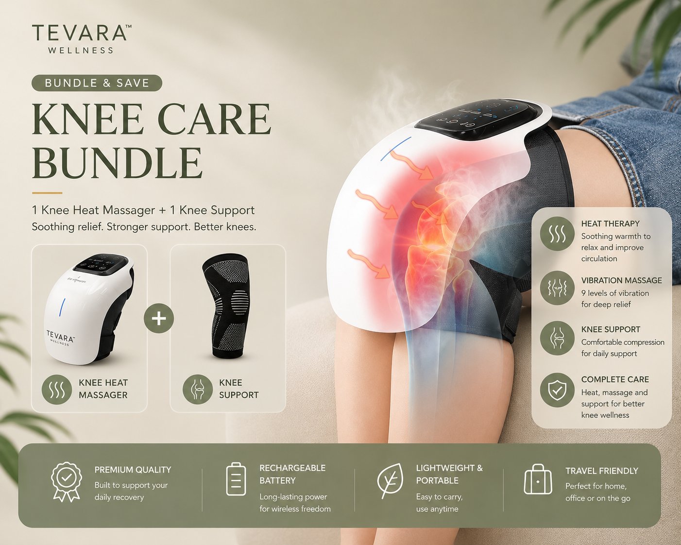 TEVARA™ Knee Relief Massager – Heat, Vibration & Red Light Therapy for Arthritis, Stiffness & Recovery