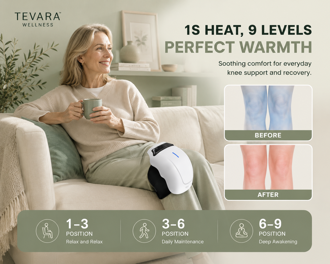 TEVARA™ Knee Relief Massager – Heat, Vibration & Red Light Therapy for Arthritis, Stiffness & Recovery