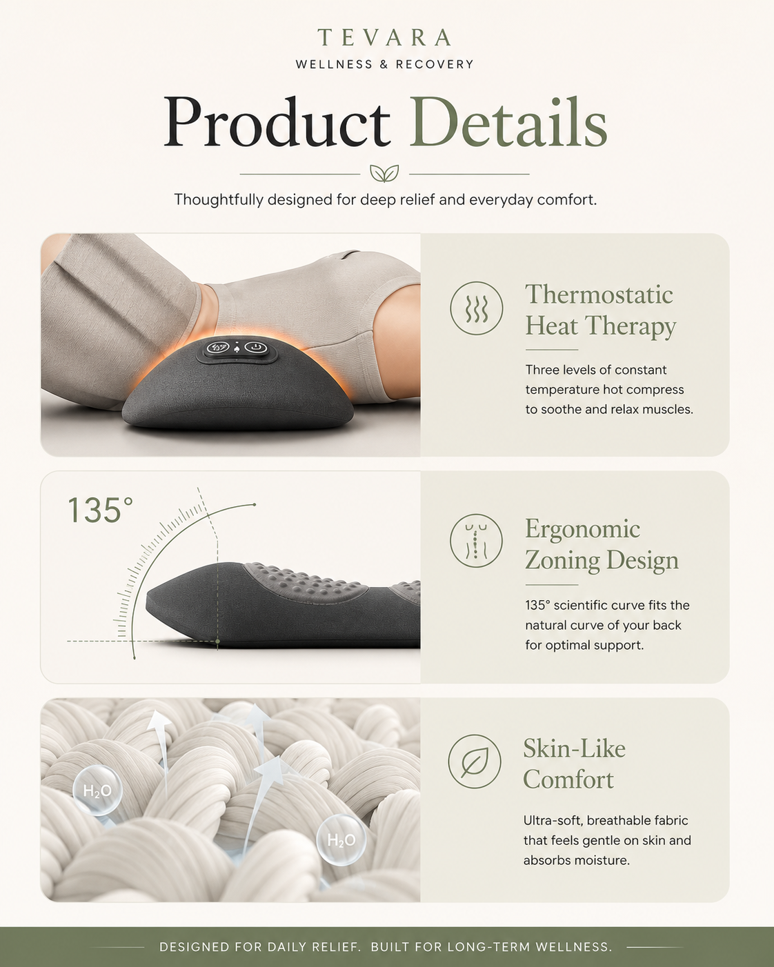 TEVARA™ Lumbar Recovery Pillow | Heated Back Massager & Lower Back Support