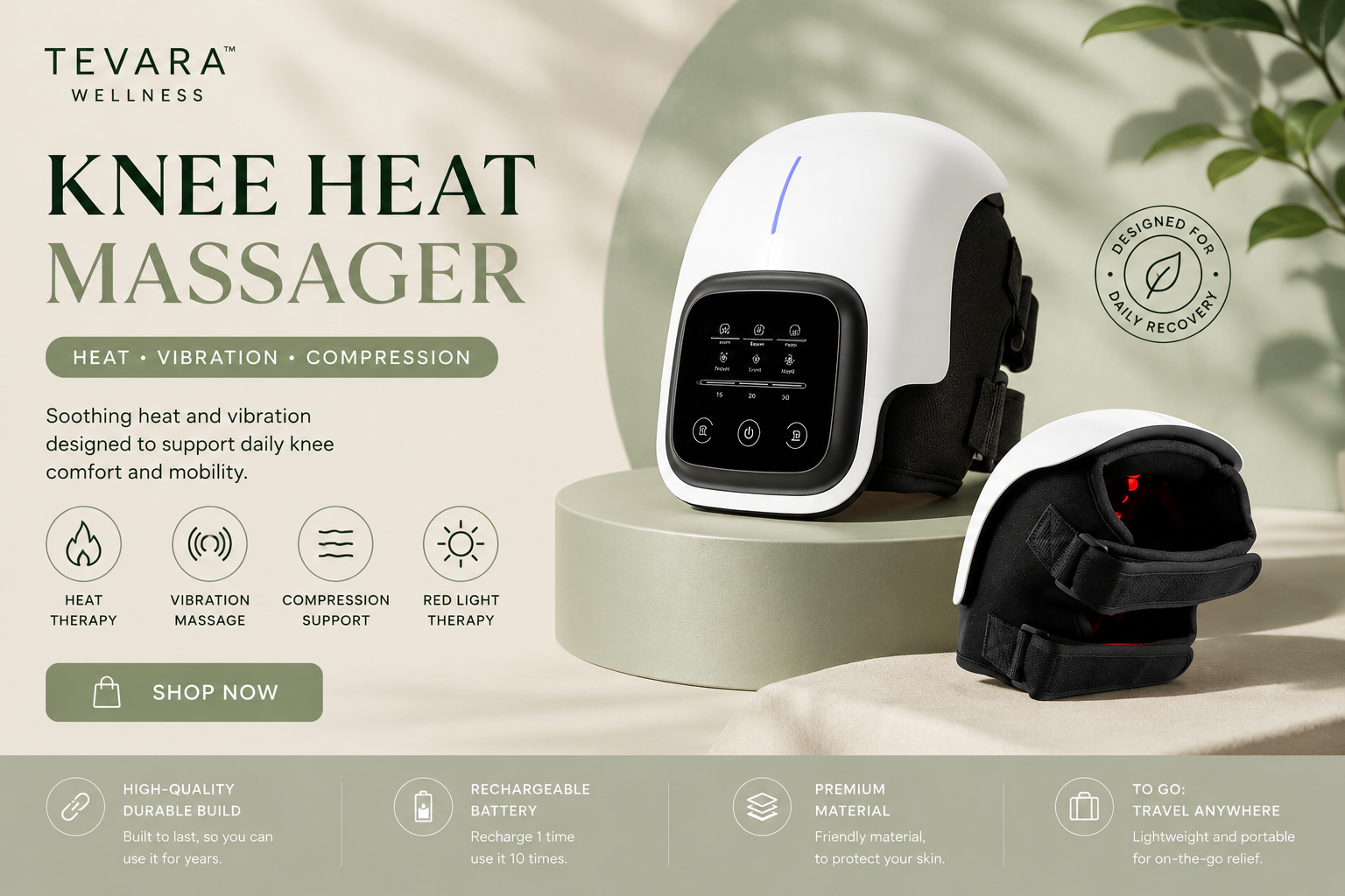 TEVARA™ Knee Relief Massager – Heat, Vibration & Red Light Therapy for Arthritis, Stiffness & Recovery