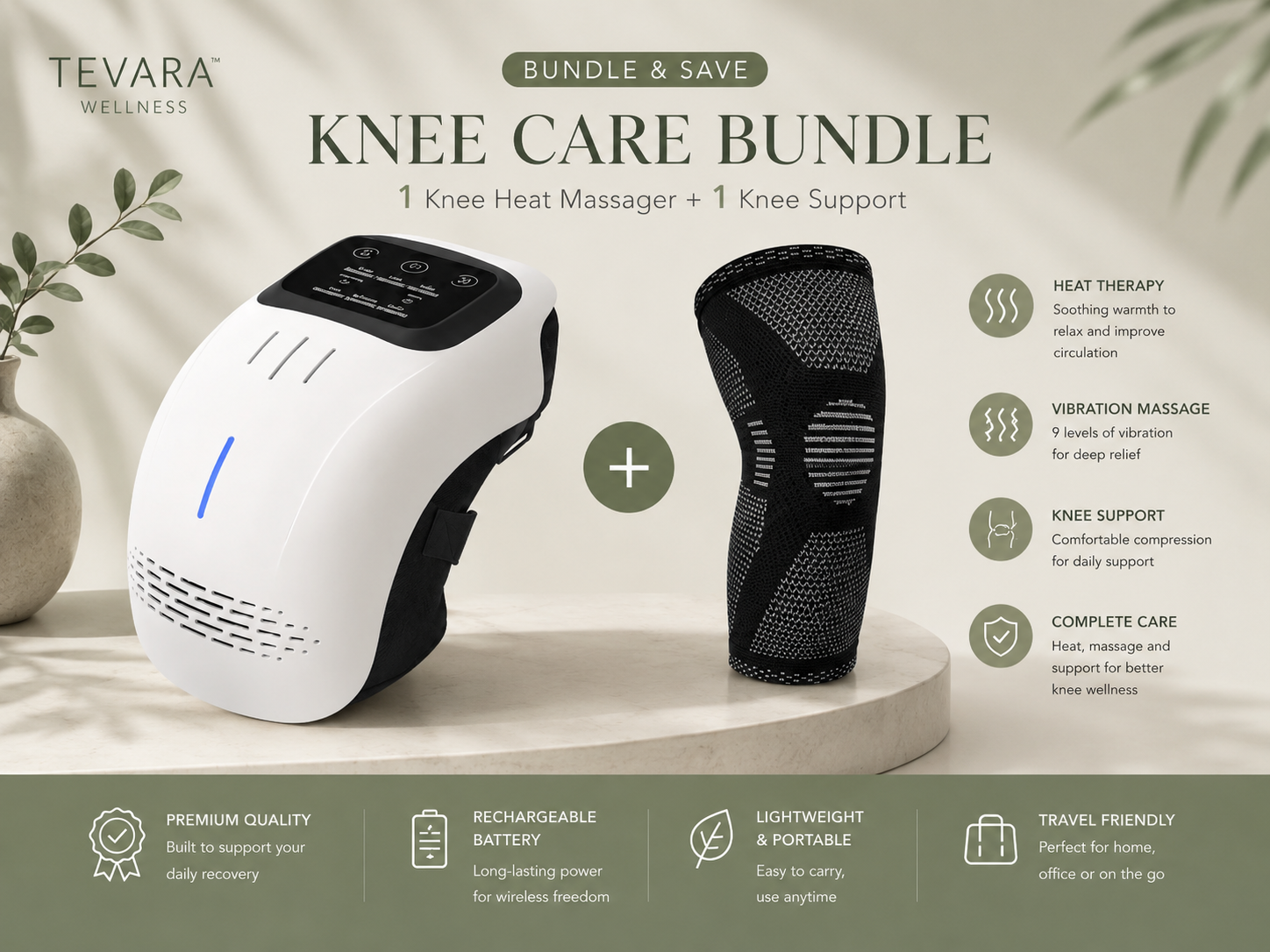 TEVARA™ Knee Relief Massager – Heat, Vibration & Red Light Therapy for Arthritis, Stiffness & Recovery