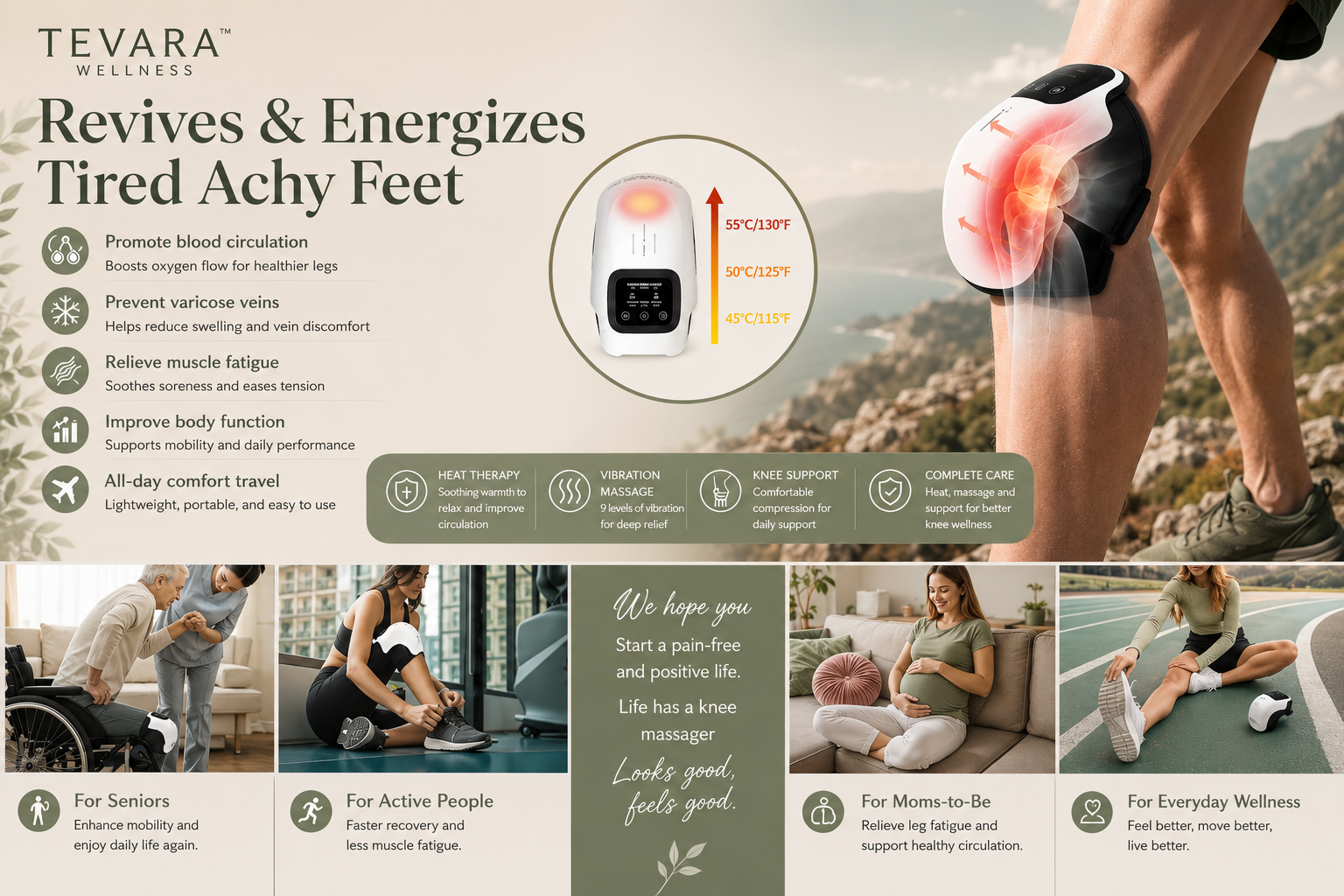 TEVARA™ Knee Relief Massager – Heat, Vibration & Red Light Therapy for Arthritis, Stiffness & Recovery