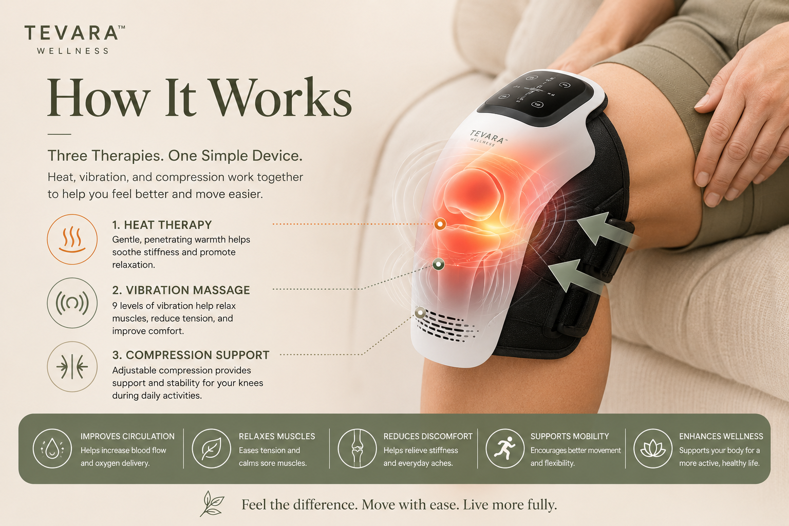 TEVARA™ Knee Relief Massager – Heat, Vibration & Red Light Therapy for Arthritis, Stiffness & Recovery