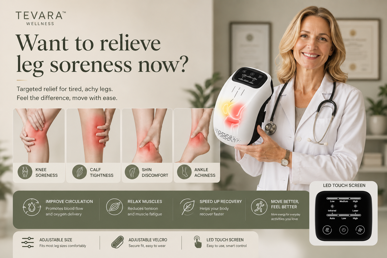 TEVARA™ Knee Relief Massager – Heat, Vibration & Red Light Therapy for Arthritis, Stiffness & Recovery